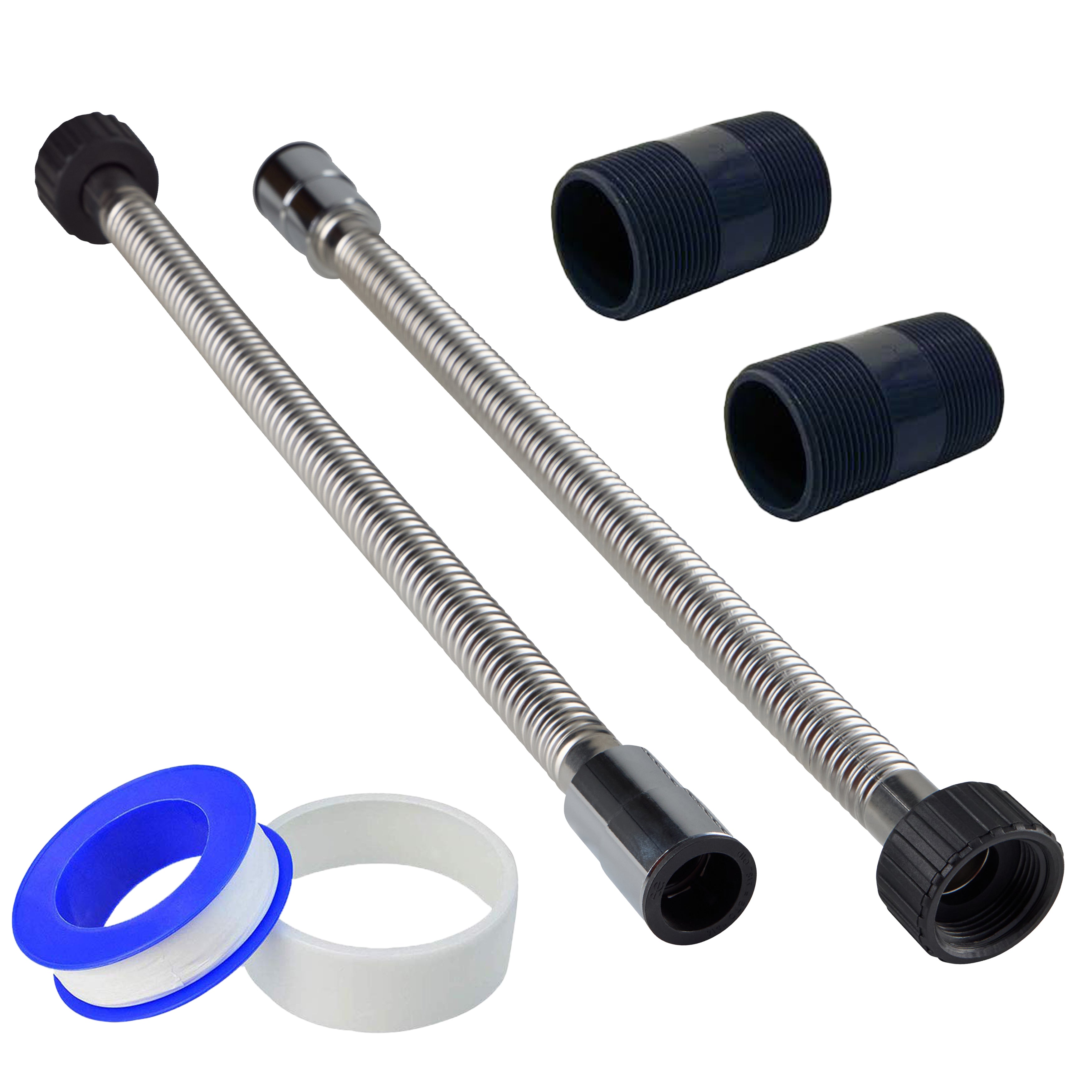 Easy Install Kit for Pure 100, 200, and 300 water filtration systems with stainless steel flex connectors, Schedule 80 nipples, and thread tape