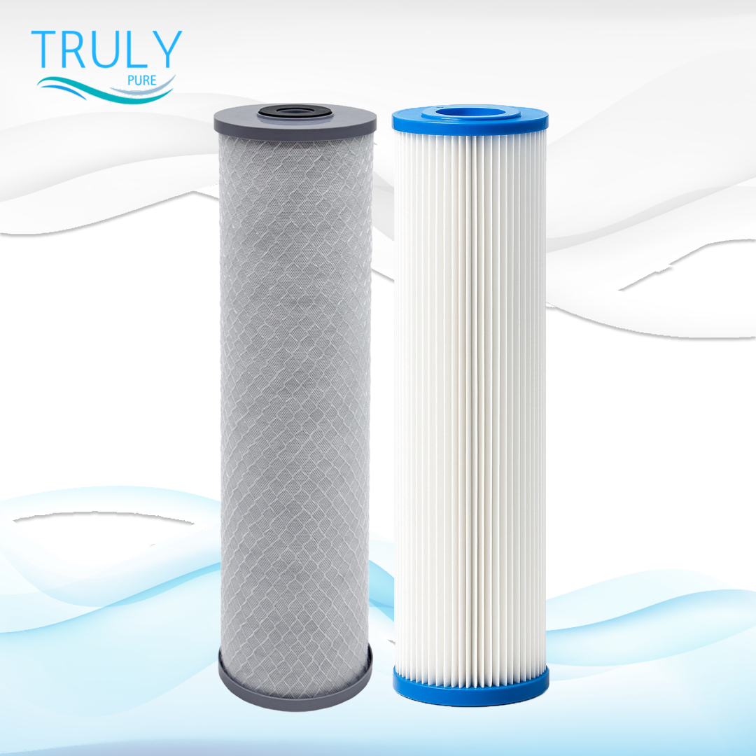 Pure 100 replacement filter kit with 5 micron sediment filter and 1 micron PFAS carbon filter for clean, safe whole house water