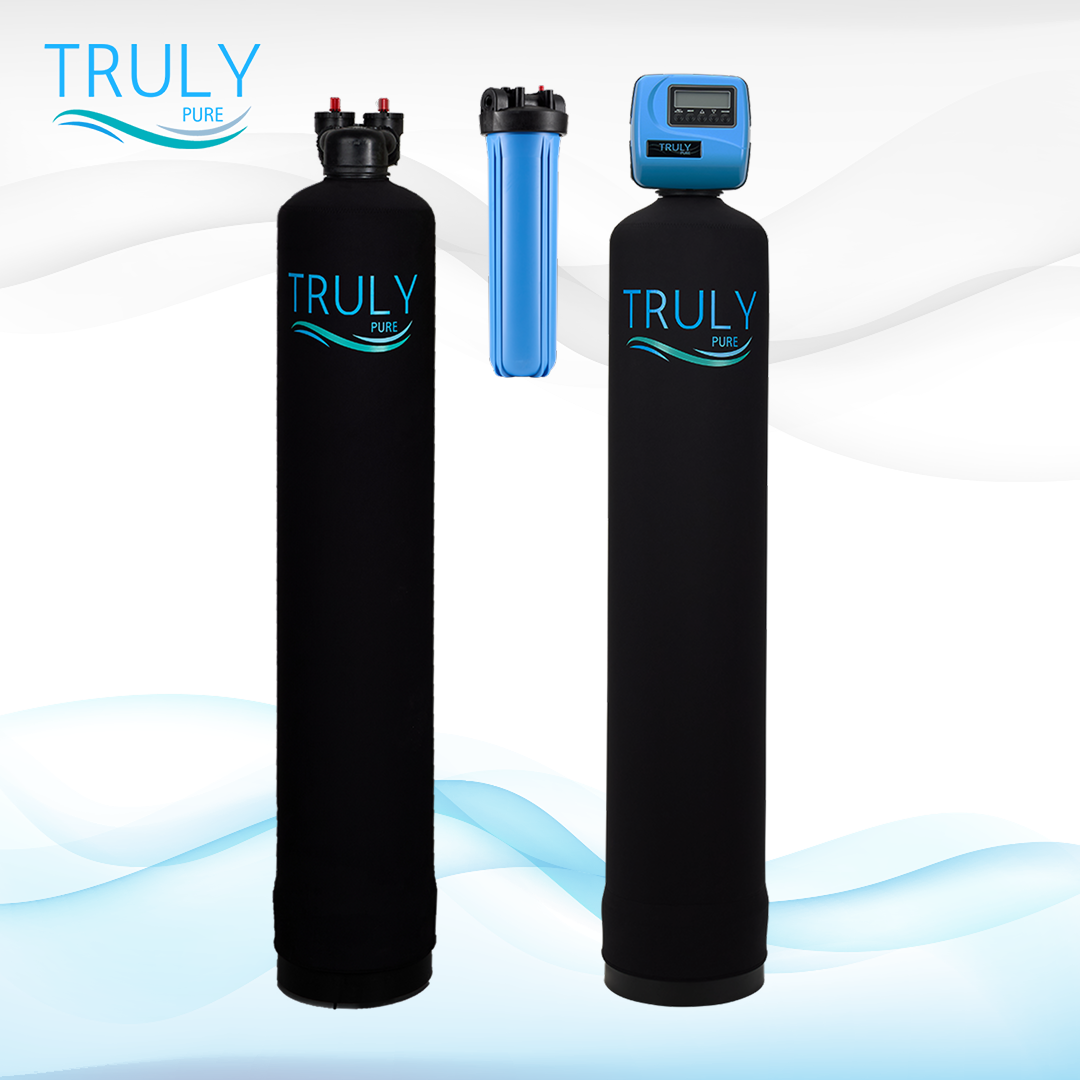Truly Soft Combo system with salt-based softener, catalytic carbon filtration, and sediment filter for whole home scale and chlorine protection
