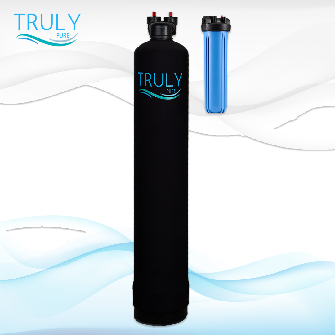 Truly Chlorine Defense whole house water system with catalytic carbon tank and pleated sediment filter for chlorine, chloramine, and VOC removal