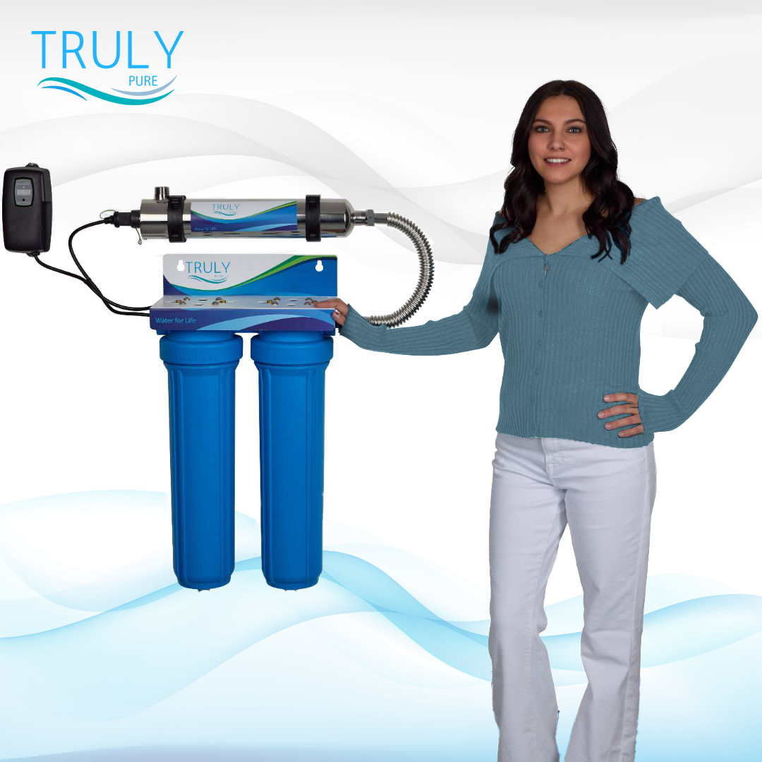 Pure 100 Ultra system with sediment filter, PFAS carbon filter, and UV light for complete whole house water protection