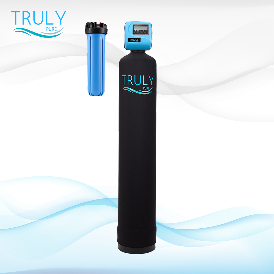 Truly Soft salt-based water softener with Flotronix carbon filter and sediment housing for chlorine removal and scale prevention across the home
